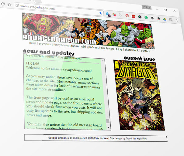 Screenshot of the Savagedragon.com redesign from 12 years ago
